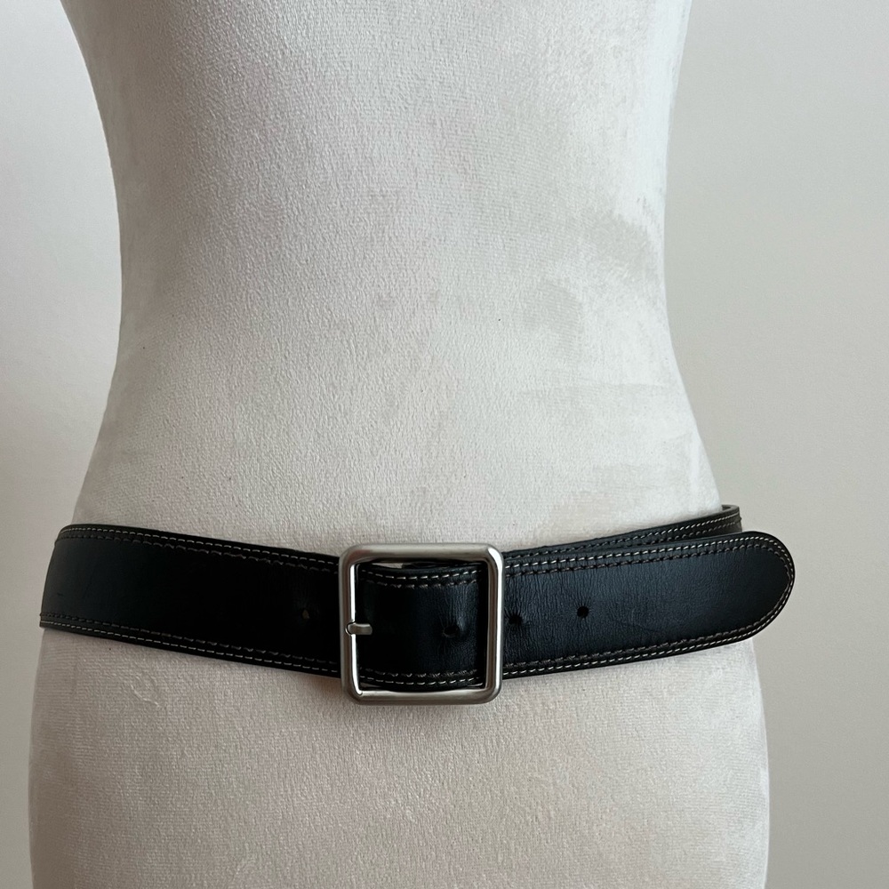 Classic Black Leather Belt with brown and tan accent stitching